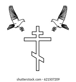 cross and doves black outlines on white background