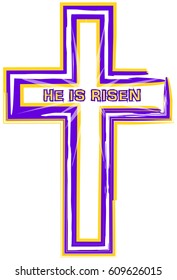 Cross drawing in purple and gold with the words "He is Risen"