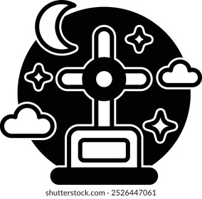A cross is drawn in the middle of a white and black background. The cross is surrounded by stars and clouds