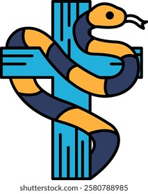 A cross is drawn with a snake wrapped around it. The snake is yellow and blue