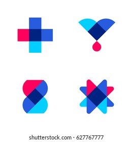 Cross, drop and DNA. Set of abstract medical or pharmacy vector logo mark templates or icons