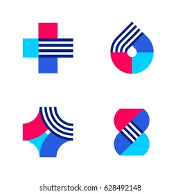 Cross, drop and DNA. Set of abstract medical or pharmacy vector logo mark templates or icons