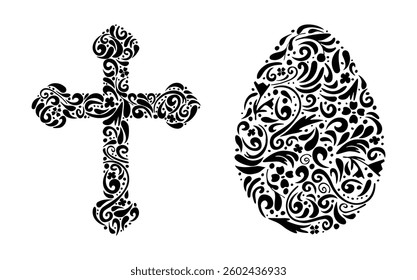 Cross and egg set with patterns. Decorative elements of religious themes, Easter symbols. A template for engraving, prints, tattoos, and postcards. Vector illustration.
