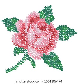 Cross embroidered rose. Color image of on a white background. Needlework. Vector illustration for handcraft.