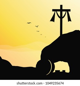 Cross and empty tomb. Vector illustration of Jesus resurrection cross and empty tomb.