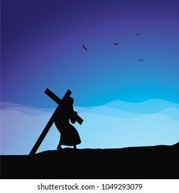 Cross and empty tomb. Vector illustration of Jesus resurrection cross and empty tomb.