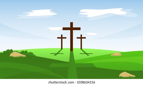 The cross is empty in the valley, there is a tree in the morning, the sky is clear, the clouds clearly.