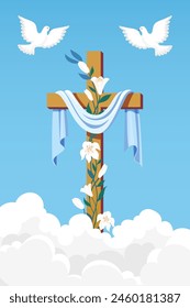 Ein Kreuz, verschlungen mit Lilien am Himmel und Tauben, die über ihnen schwebten. religiöse Vektorillustration