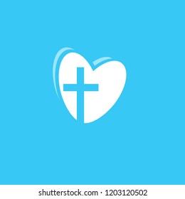 Cross equal to heart vector icon. Laconic religious symbol logo template. Faith and love logotype. Linear style sign. White flat abstract symbol. Isolated vector illustration on blue background.