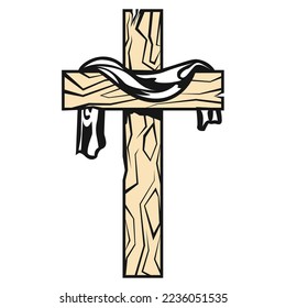 Cross with fabric on it, resurrection after crucifixion of Jesus, christianity symbol, vector