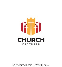 cross faith shape with fortress vector icon logo design illustration