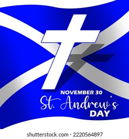 Una cruz con la bandera de Escocia detrás de ella con texto en negrita sobre un fondo blanco para celebrar el Día de San Andrés el 30 de noviembre