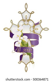 Cross with flowers, candle and purple ribbon. Christian funeral, death religious symbol decoration or ornament.