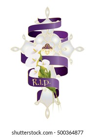 Cross with flowers, candle and purple ribbon. Christian funeral, death religious symbol decoration or ornament.