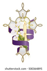 Cross with flowers, candle and purple ribbon. Christian funeral, death religious symbol decoration or ornament.