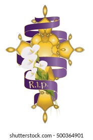 Cross with flowers, candle and purple ribbon. Christian funeral, death religious symbol decoration or ornament.