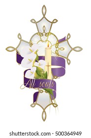 Cross with flowers, candle and purple ribbon. Christian funeral, death religious symbol decoration or ornament.
