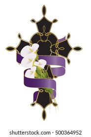 Cross with flowers, candle and purple ribbon. Christian funeral, death religious symbol decoration or ornament.
