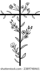 Cross Flowers Cut File, Faith, Vintage Christian Cross, Cross Hand-drawn, Jesus, Cross Png, Laser cut file, Religious, christian, bible, god 