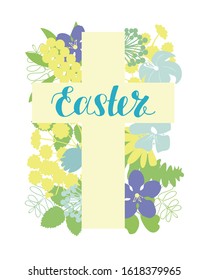 A Cross with flowers and hand written Easter. Biblical background.  Sunday. Christian poster. New Testament. Scripture print. Graphics