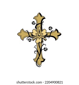 Cross with flowers isolated on a white background. religious symbol of the cross. vector illustration