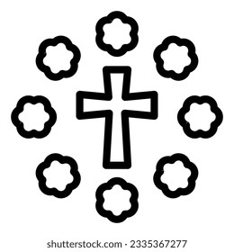 Cross and flowers line icon. Floral decoration oval around christian crucifix outline style pictogram on white background. Happy Easter signs for mobile concept and web design. Vector graphics