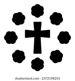 Cross and flowers solid icon. Floral decoration oval around christian crucifix glyph style pictogram on white background. Happy Easter signs for mobile concept and web design. Vector graphics
