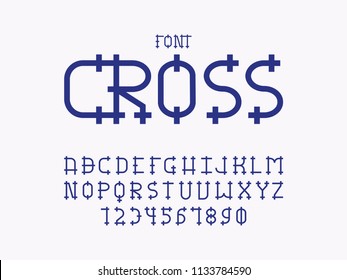 Cross font. Vector alphabet letters and numbers. Typeface design. 
