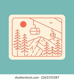 Cross Forest and Mountains by Cable Car Monoline Design Illustration for Apparel