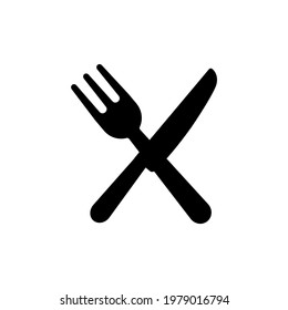 Cross Fork and Knife flat black illustration isolated.Elegant restaurant map marker icon.Food icon.