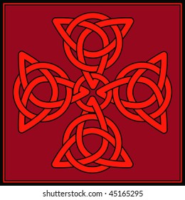 A Cross formed of celtic knots in shades of red and black