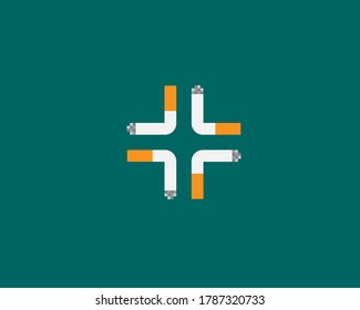 Cross of four cigarettes logo on green background. Creative vector illustration of bad habit provoking illness, death. Harm of smoking poster