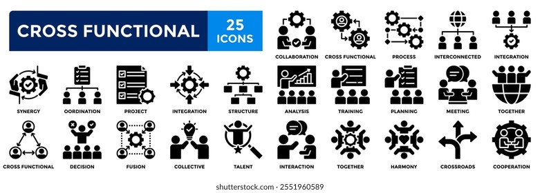 Zusammenstellung funktionsübergreifender Symbole. Enthaltend Zusammenarbeit, Zusammenarbeit, Synergie, Training, Talent, Projekt, Integration Symbol. Einfache, durchgezogene Vektorgrafik.