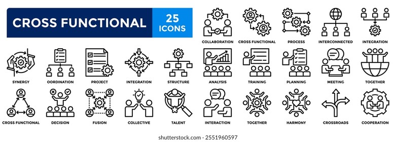 Zusammenstellung funktionsübergreifender Symbole. Enthaltend Zusammenarbeit, Zusammenarbeit, Synergie, Training, Talent, Projekt, Integration Symbol. Einfache Linienvektorgrafik.