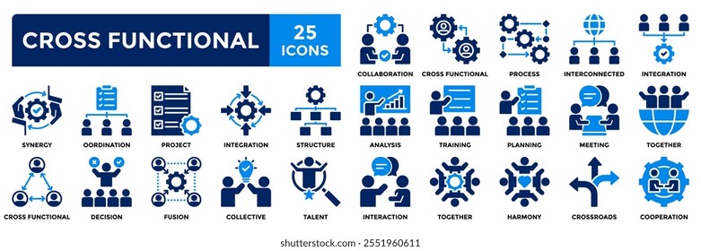Zusammenstellung funktionsübergreifender Symbole. Enthaltend Zusammenarbeit, Zusammenarbeit, Synergie, Training, Talent, Projekt, Integration Symbol. Einfache, flache Vektorgrafik.