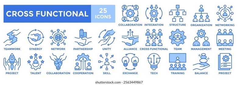 Cross functional icon collection set. Containing teamwork, collaboration, skill, project, management and integration icon. Simple blue vector illustration.