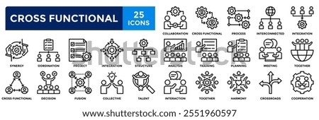 Cross functional icon collection set. Containing collaboration,cooperation,synergy,training,talent,project,integration icon. Simple line vector illustration.