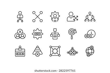 Cross Functional line icon set. Collaboration, teamwork, cooperation, synergy, training, project, management, team, business vector editable icons