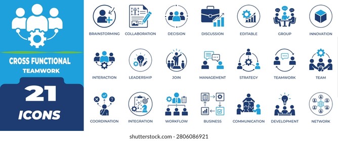 Cross Functional Teamwork Flat Icons Set for Business Collaboration, Corporate Management Strategy, Partnership, Project Planning and Agile Workflow Vector Elements.