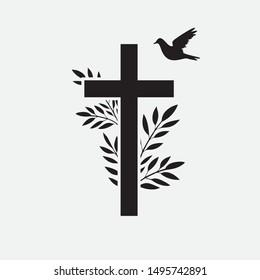 Cross, funeral design element with flower and bird. Vector illustration EPS 10