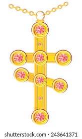 Cross from gild decorated jewels on white background