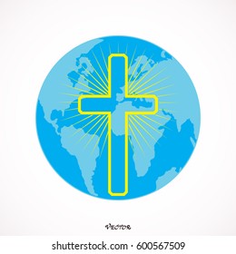 Cross with globe Earth. Vector illustration. 