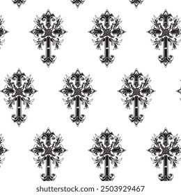 cross in gothic church style uniform design on black and white background tattoo seamless pattern background high quality 