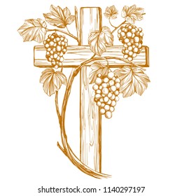 cross and grape vine, grape, , Easter . symbol of Christianity hand drawn vector illustration sketch