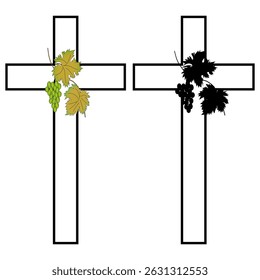 Cruze com uvas. Símbolo do vetor de vinha. Sinal de fé sagrada. Design de silhueta preta.
