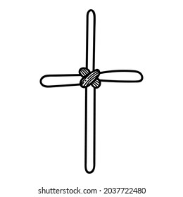 Cross for a grave in a cemetery on Halloween. Doodle symbol of holiday horror drawn by line. Ritual vector element in black outline. Religious object. Day of the Spirits.