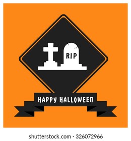 Cross with Grave Icon. Black Happy Halloween Ribbon Banner on Orange background. Vector illustration