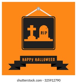 Cross with grave and RIP written on that icon. Black Happy Halloween Ribbon Banner on Orange background. Vector illustration