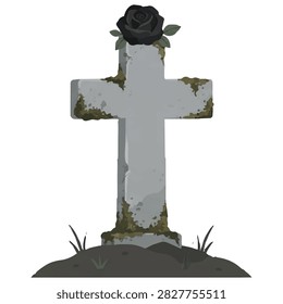 Cross Gravestone with Black Rose Illustration