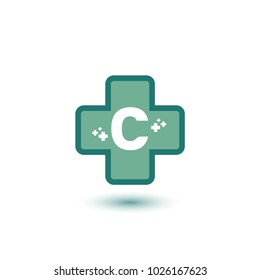 Cross With Green Letter C Negative Space Initial Logo Template. Symbol Plus for medical logo template